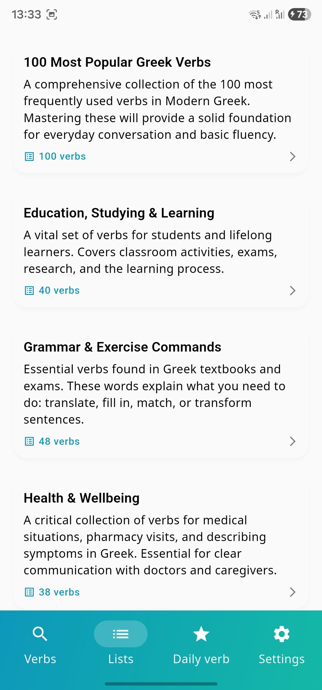 Rimata app: thematic verb lists